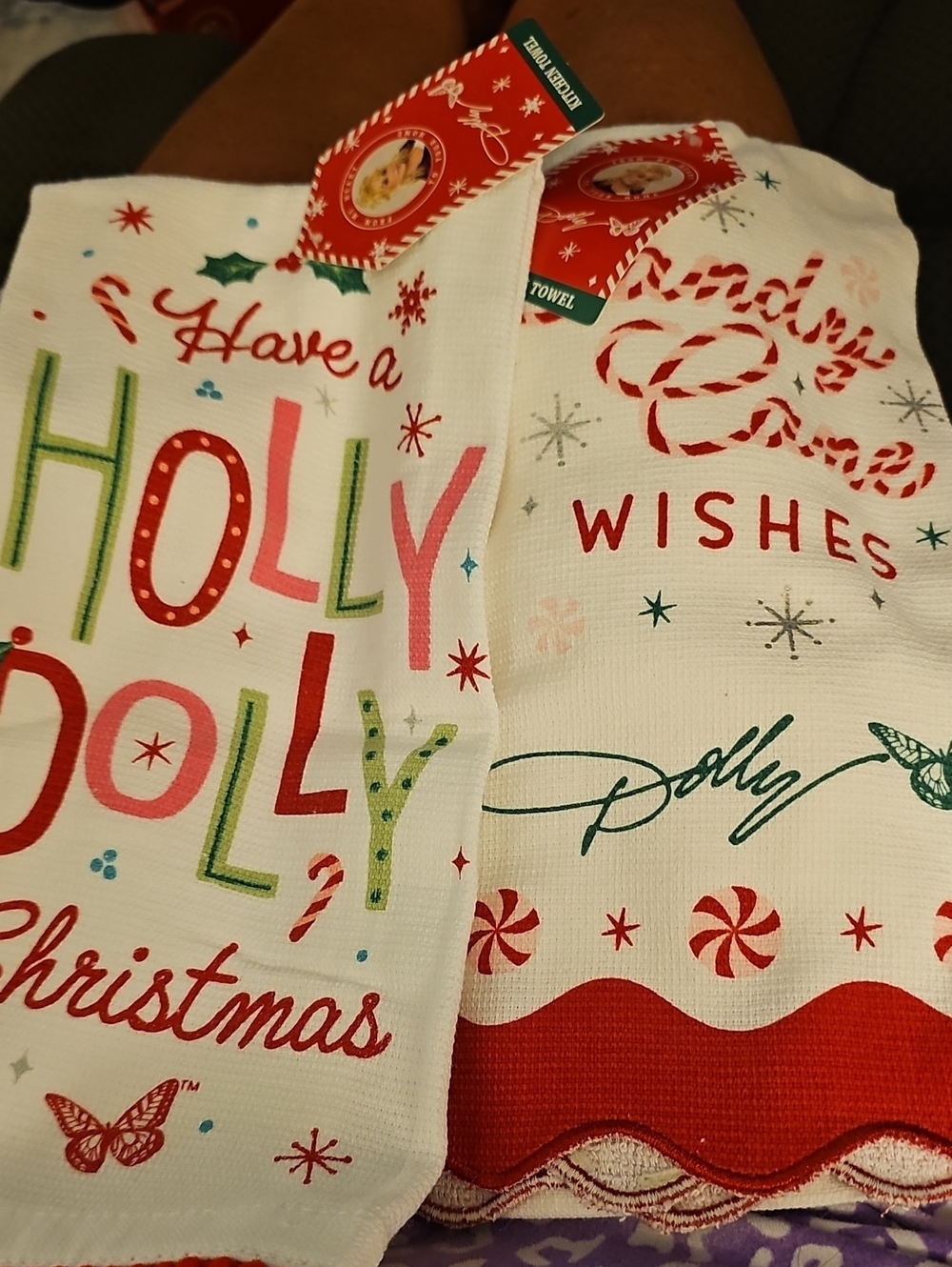 Dolly-Set of 2 Candy Cane Wishes & Holly Dolly Christmas Holiday Kitchen Towels